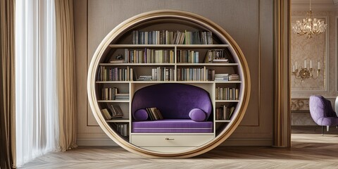 Fototapeta premium luxury light purple and ivory circle wooden book storage design with drawer for minimalist home with elegant wooden floor 