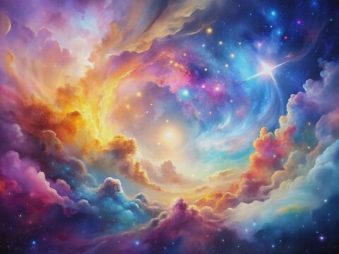 Vibrant watercolor nebula explodes with cosmic colors on a white background, swirling clouds of pink, purple, blue, and gold radiate energy and celestial beauty.