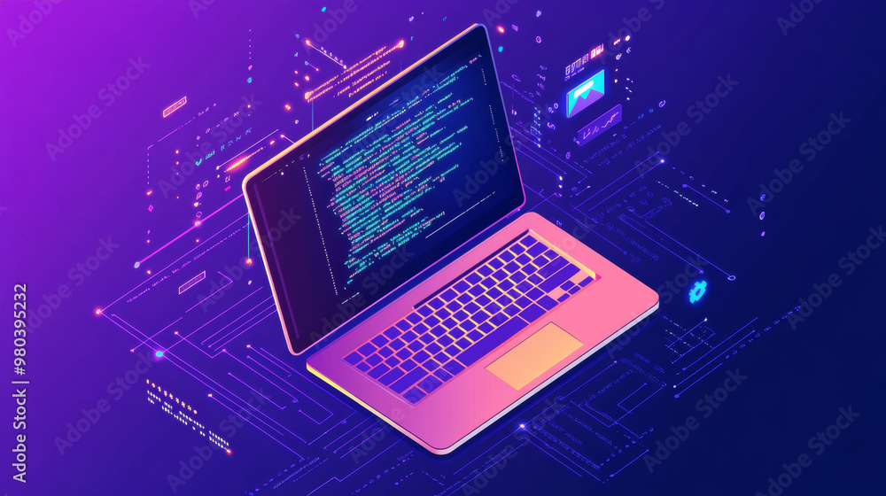 Poster laptop displaying code on the screen, surrounded by icons representing programming apps and software