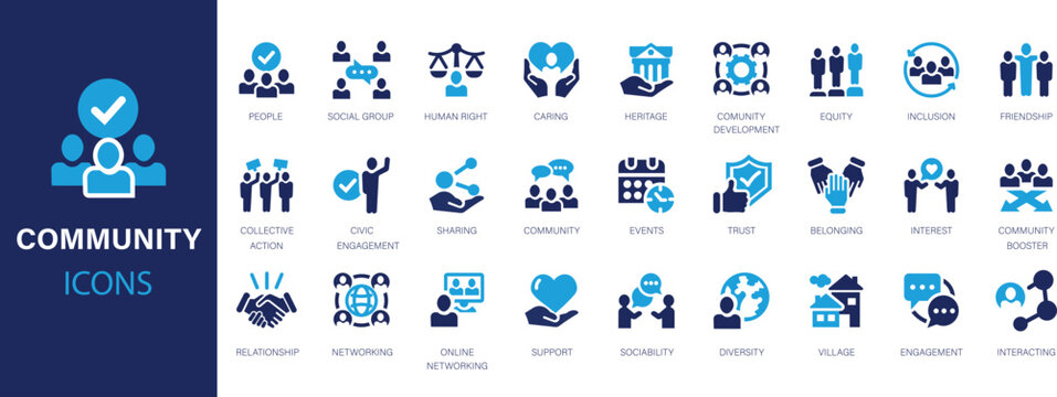 Community icons set. Friendship, caring, networking, sociability, interest, inclusion icon symbol. Flat icons collection.