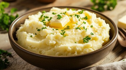 A bowl of creamy mashed potatoes, topped with butter and parsley, ready to serve
