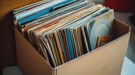 A box full of old vinyl records, with vintage music albums peeking out from the top.