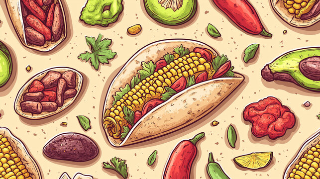 Mexican Street Food: A delicious pattern showcasing popular Mexican street foods like tacos, elote (corn on the cob), and tamales, arranged in a mouth-watering repeat. The food ite