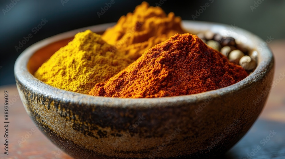 Wall mural A ceramic bowl filled with vibrant spices like turmeric, cumin, and paprika, creating a colorful display.