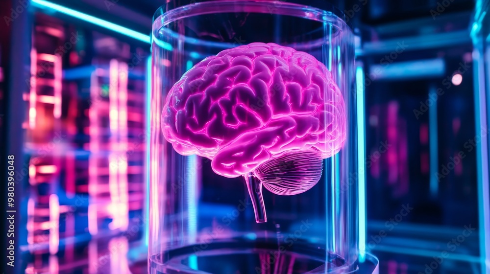 Poster the futuristic brain glows brilliant pink suspended in a glass container, illuminated by dynamic neo