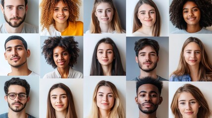 A close-up collage features a random arrangement of passport-sized images, highlighting a diverse range of individuals with different expressions and styles