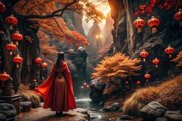 A Japanese girl in a traditional national costume - a kimono. On a fabulous background of lanterns and autumn trees. The portrait symbolizes the traditions and culture of the people of Japan.