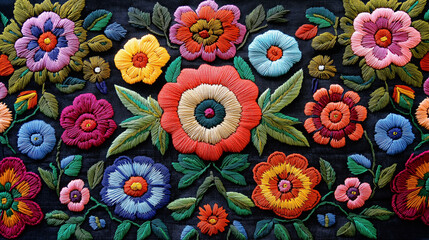 Traditional Mexican Embroidery: A pattern inspired by traditional Mexican embroidery, featuring intricate floral and geometric designs in a repeating arrangement. The vibrant threa