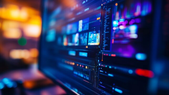 A computer monitor displays a detailed editing timeline featuring various clips arranged and color-coded, showcasing the editing process in a creative environment