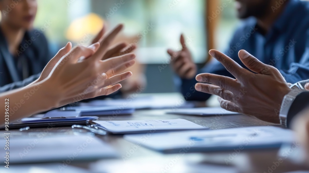 Poster a group of individuals sits around a table, animatedly discussing their ideas while gesturing with t