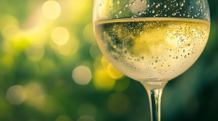 A chilled glass of white wine, adorned with droplets of condensation, sparkles in the soft sunlight, capturing the refreshing feel of a warm day outdoors