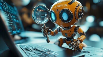 Digitally Enhanced 3D Search Engine Robot Analyzing Data with Magnifying Glass on Digital Landscape, Concept of Intelligent Search