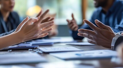 A group of individuals sits around a table, animatedly discussing their ideas while gesturing with their hands, creating an engaging atmosphere of collaboration
