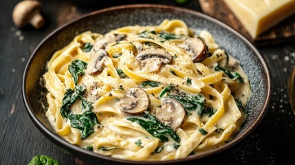 A close-up of a bowl of creamy pasta with spinach and mushrooms, placed on a dark wooden table. -