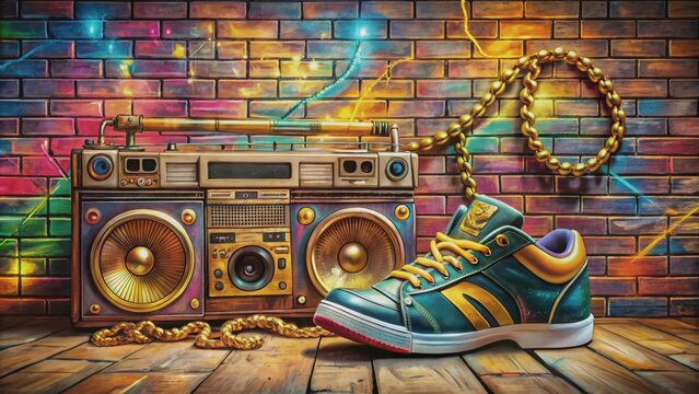 Vibrant graffiti-covered brick wall backdrop, boombox, and turntables surrounded by trendy sneakers, gold chains, and bold streetwear, epitomizing the raw energy of 90s hip-hop culture.