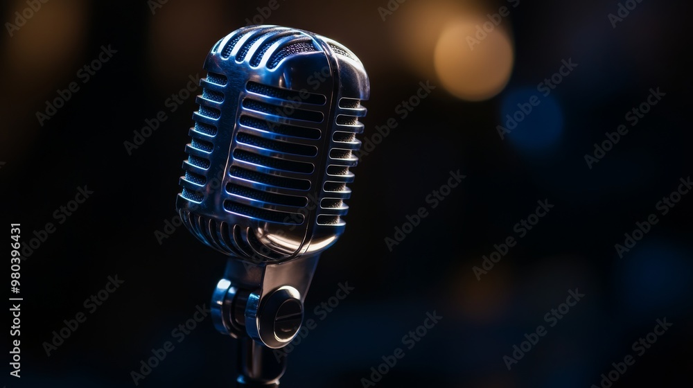 Poster the retro chrome microphone commands attention, resting on a black stand in a dimly lit environment,