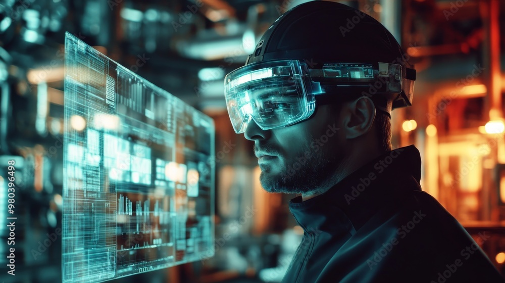 Poster a technician in augmented reality glasses is focused on analyzing complex data at an energy plant, s