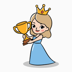 Cute Woman with Crown Holding Trophy Cartoon Vector Icon Illustration