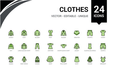Clothes colorful icons collection. Related to shirt, pants, shoes, shorts and more. Line icon for web and ui. Vector illustration. Icon names are written in English.