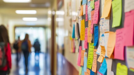 The bulletin board is adorned with vibrant notes, flyers, and announcements, bringing life to the school hallway as students walk by
