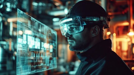 A technician in augmented reality glasses is focused on analyzing complex data at an energy plant, showcasing advanced technology and modern industry practices