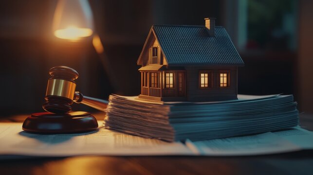 A small, detailed miniature house sits atop a stack of legal papers, illuminated by warm light, with a gavel nearby suggesting a connection to real estate or legal matters