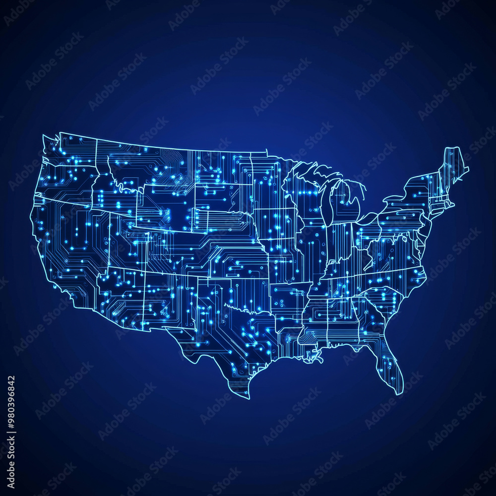 Poster usa technology conceptual banner: a map of the united states designed as an electronic printed circu