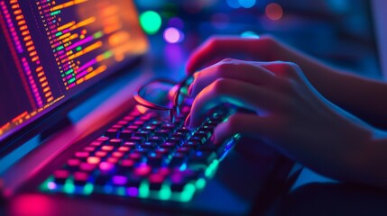 Swiftly typing hands of a female coder on a mechanical keyboard, with colorful light streaks reflecting a dynamic and creative coding environment