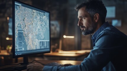 A professional sits at his desk, deeply focused on analyzing detailed geographic data displayed on a large digital screen in a contemporary office environment