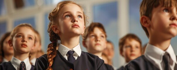 Obraz premium Young school girl looking up and thinking