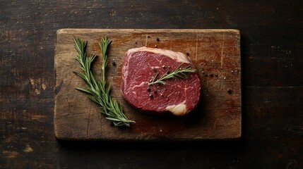 A closeup view featuring a raw steak placed on a wooden cutting board, complemented by sprigs of fresh herbs, creating a rustic culinary atmosphere