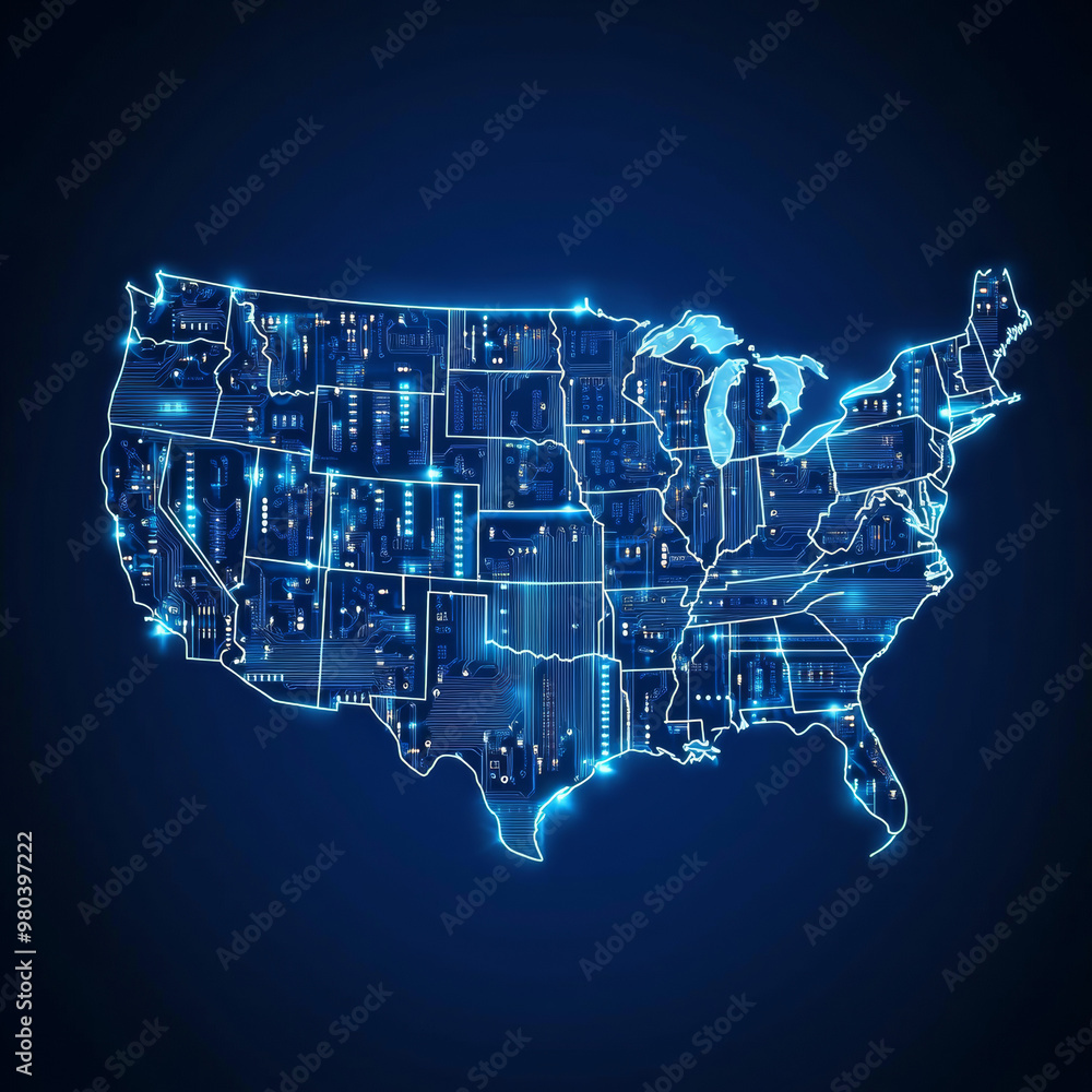 Poster usa technology conceptual banner: a map of the united states designed as an electronic printed circu