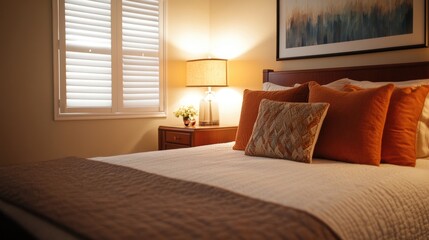 Fototapeta premium A comfortable bedroom with a king-sized bed, pillows, and a cozy reading lamp on the nightstand.