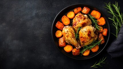 Savory Roasted Chicken with Crisp Skin, Surrounded by Colorful Carrots and Fresh Rosemary Sprigs. Juicy Food Concept