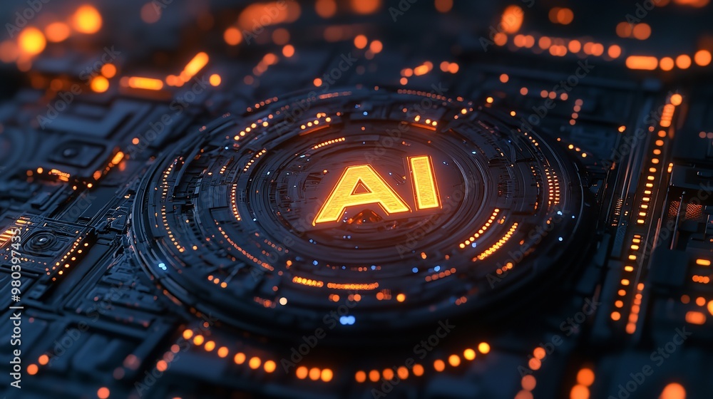 Aufkleber artificial intelligence micro chip with ai lettering on a circuit board close up. future of computer