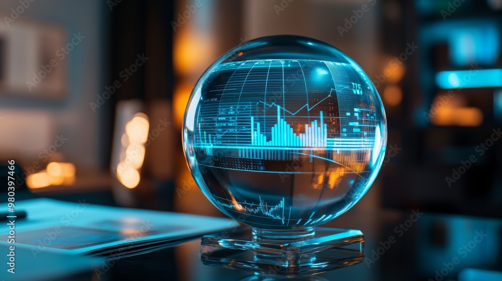 Poster a glass sphere sits elegantly on a desk, showcasing detailed digital graphs and charts that represen