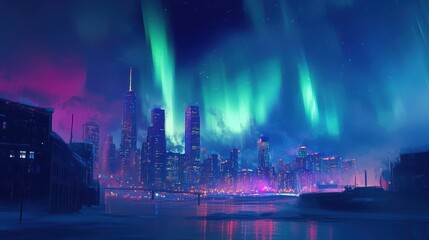 Illustrate the Northern Lights visible above a city skyline, blending the beauty of nature with urban lights