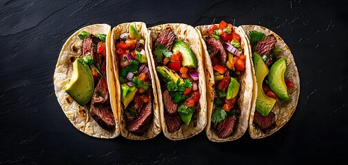 Deliciously Crafted Steak Tacos with Vibrant Fresh Salsa and Creamy Avocado Garnish Delight. Juicy Food Concept