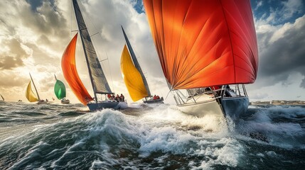 A thrilling race unfolds as a group of sailboats navigates rough ocean waters. Colorful sails billow with the wind, showcasing the intensity of the competition