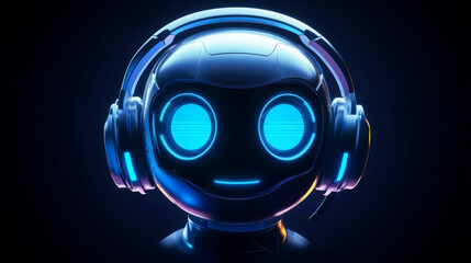 Robot face with headphones and a microphone, responding to inquiries. Represents an avatar or user picture for technical support. Features a cyborg or bot equipped with artificial intelligence.