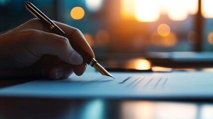 Closeup of a hand holding a pen, ready to sign a contract at the negotiation table, signing agreement, final stage of negotiation