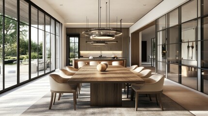 A dining room with a large wooden table, elegant chairs, and a modern light fixture.