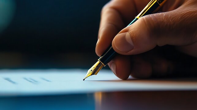 Closeup of a hand holding a pen, ready to sign a contract at the negotiation table, signing agreement, final stage of negotiation