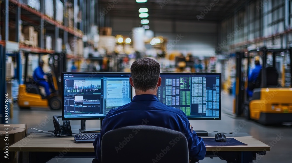 Poster a logistics manager is seated at a desk focused on multiple computer screens while overseeing operat