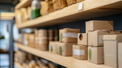 Ecofriendly packaging materials neatly arranged on a minimalist shelf, highlighting environmentally conscious products in a contemporary retail space