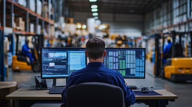 A logistics manager is seated at a desk focused on multiple computer screens while overseeing operations in a bustling warehouse filled with activity