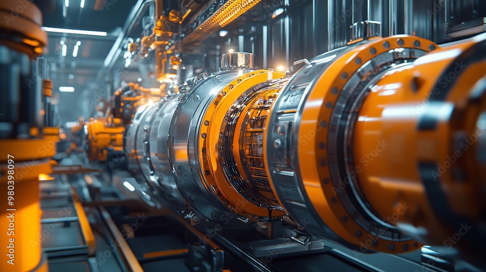 Poster this image showcases precision engineered mechanical components in a factory setting with shiny surf