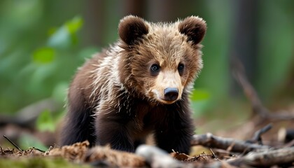 Adorable Eurasian Brown Bear Cub Exploring a Forest Environment