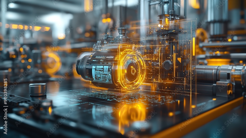 Poster this image showcases precision engineered mechanical components in a factory setting with shiny surf