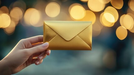 A hand holding a golden envelope with an invitation to a formal event, against a blurred background.